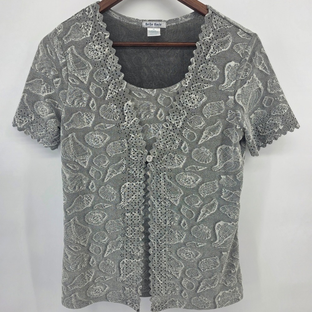 Belle Amie Womens Grey‎ Seashell Print Short Sleeve Knit Top Petite Small PS 90s